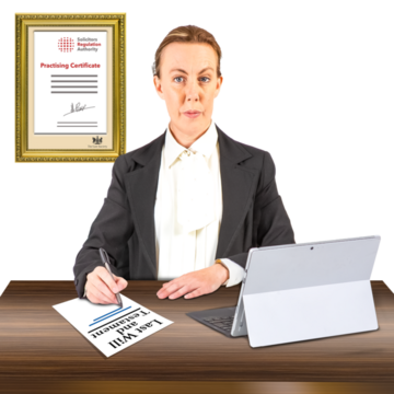 A solicitor sitting at a desk writing on a piece of paper. Behind her is her framed qualification certificate
