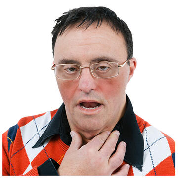 A man with red cheeks touching his throat.