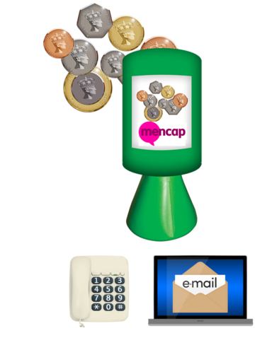A Mencap collection tin with coins. Underneath is a picture of a phone and an email