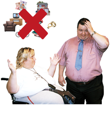 Two people looking shocked next to a picture that has a red cross over it of possession's like a car, bike, money and a house