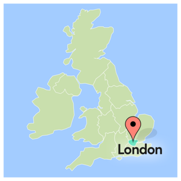 A map of the UK with London marked by a map pin
