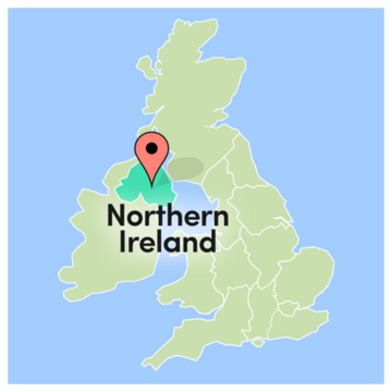 A map of the UK with Northern Ireland marked with a map pin