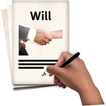 A hand holding a pen signing a piece of paper with the title Will on it and a picture of two hands shaking each other in agreement