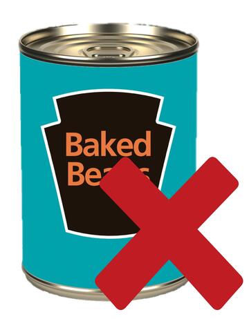 A red cross beside a tin of baked beans.