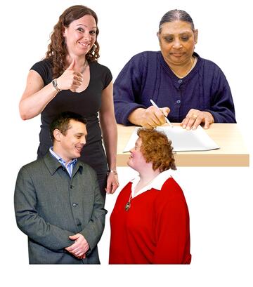 A lady with her thumb up, a lady writing at a table and 2 people talking to each other.