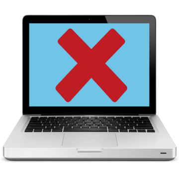 A laptop computer with a red cross on the screen