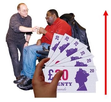 A man giving a man in a wheelchair a drink.  In front of them is a hand with some money and beside them is an arrow pointing up.