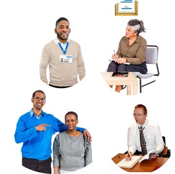 images of a healthcare worker, a lady sitting down with a pen and paper, a doctor and 2 people standing together with an arm around the shoulder.