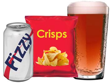 A can of fizzy drink, a packet of crisps and a pint of lager.