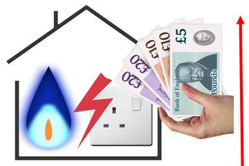 An outline of a house with a gas flame and an electric socket inside.  Beside the house is a hand holding some money and an arrow pointing up.