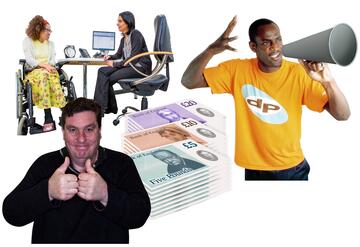 A woman speaking with a doctor, a man with a megaphone, a pile of money and a man with his thumbs up.