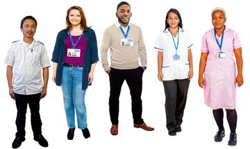 5 people with a healthcare uniform on, or wearing NHS lanyards.