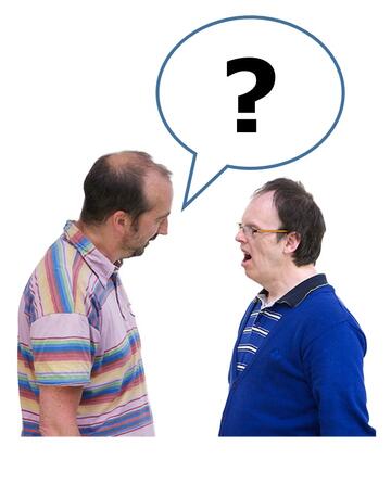 Two men talking.  One man has a speech bubble and a question mark by him.