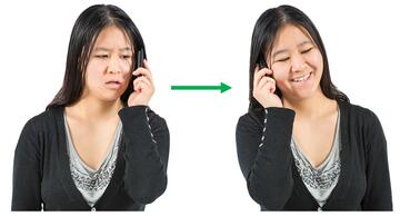 A woman on the phone looking worried and a green arrow pointing to the same lady looking happy.