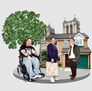 A community with people, housing, a tree and a church
