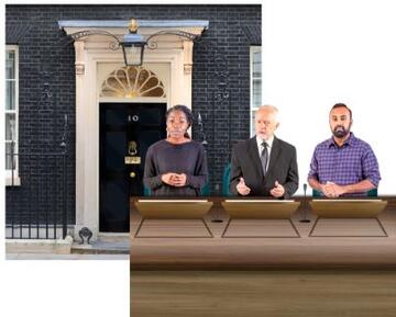 A panel of people sitting at a long desk next to a picture of number 10 Downing Street where the government make decisions