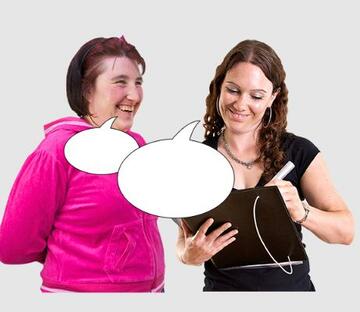Two women with speech bubbles talk to each other. One is writing on a clipboard