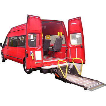 A minibus with the back doors open and a ramp and lift.