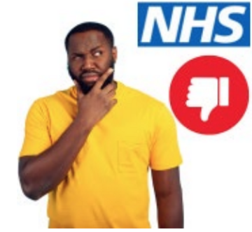 Man looking confused about the NHS, with a thumbs down icon next to it 