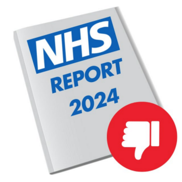 A report with an NHS logo on it with a thumbs down symbol on top