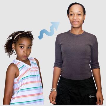A photo of a young girl next to an adult woman with a wavy arrow between them pointing to the adult woman.