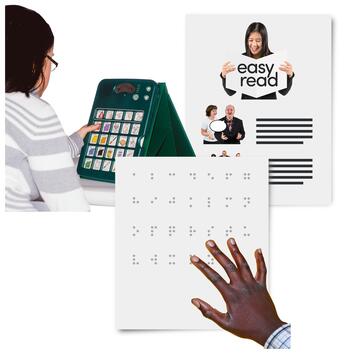 A young girl choosing an image on a communication aid, a document in easy read and a hand reading some Braille.
