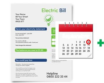An electric bill with a calendar and a plus sign beside it.