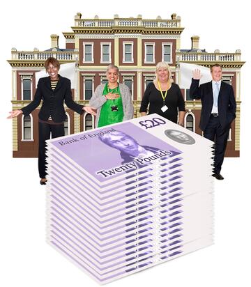 A building with 4 people standing in front of it and a pile of money.