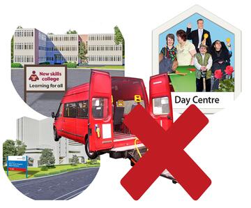 A red cross in front of a minibus with images of a college, a day centre and a hospital around the minibus.