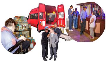 A minibus with pictures of a person in a shop, a group of people at a pub and three friends standing together around the minibus.