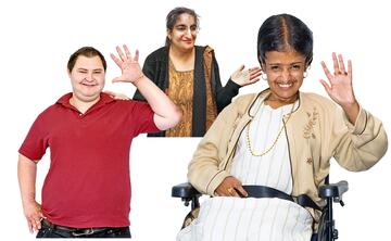 A woman shrugging her shoulders with her hands out. In front of her are a man and a woman with their hands raised waving hello.