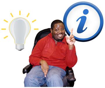 A man in a wheelchair with his finger pointing at an information sign and a lightbulb.