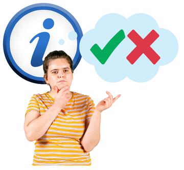 A lady thinking with a tick and a cross in the thought bubble.  Behind her is an information sign.