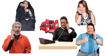 A lady sitting at a desk on the phone with a minibus behind her.  Around her are 4 people all making a phone call.