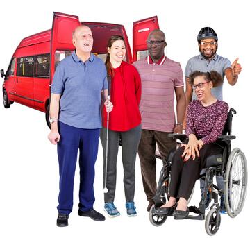 A group of people standing in front of a minibus.