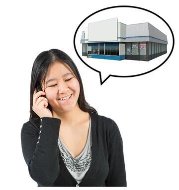 A woman on the phone.  There is a speech bubble with a picture of a shop inside it.