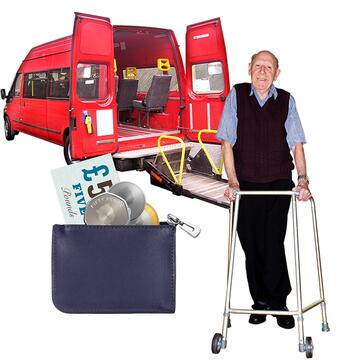 A man with a walking frame and a purse with money in it in front of a minibus.
