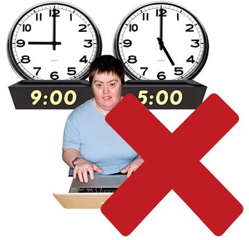 A red cross in front of a woman sitting at a laptop with clocks behind her showing 9.00 and 5.00. 