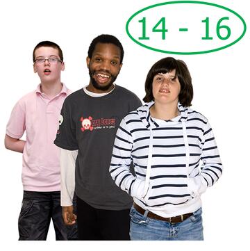 A green circle with 14 - 16 in it above a group of 3 young people.