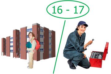 The numbers 16 and 17 in a green circle above a girl standing in front of a college and a lady wearing overalls kneeling beside a toolbox.