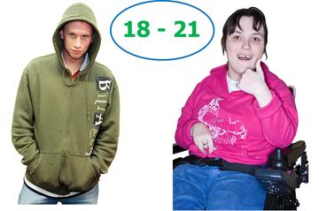 A young boy and a young girl and a circle with 18 - 21 in it.