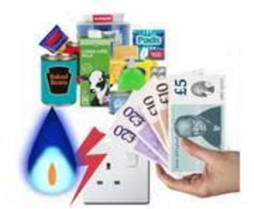 A picture of some food, some fuel, and a hand holding money