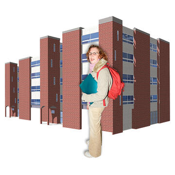 A woman wearing a backpack standing in front of a college.