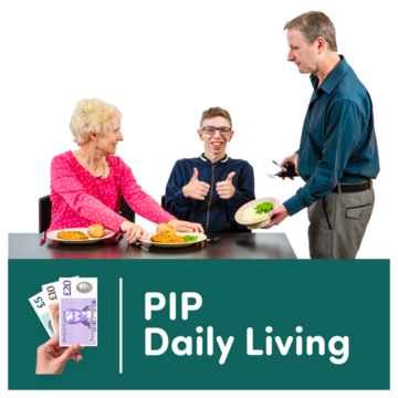 A woman, a man, and a young man who is giving a thumbs up are sat around a table.  A banner says "PIP Daily Living"