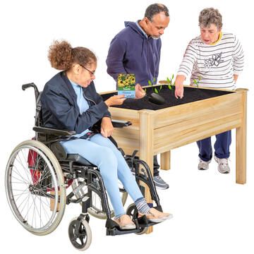 3 people working around a raised bed planting seeds.