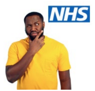 Man looking at the NHS logo and thinking 