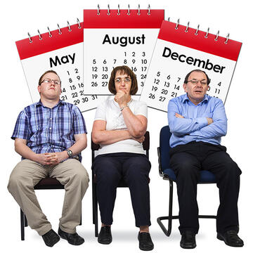 Three people sitting in a row on chairs: one is looking up, another has her chin resting on her hand and another has his arms crossed.  Behind them are the calendar months of May, August and December.