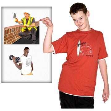 A young boy next to a board with images of a woman laying bricks and a man lifting weights.