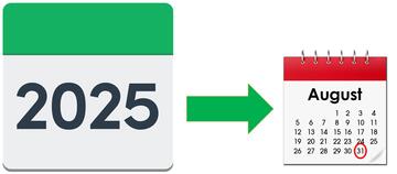 The year 2025 with an arrow pointing to the month of August which has a red circle around 31.