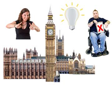 A lady with her thumbs up, a light bulb and a man with his thumb down above the houses of parliament.